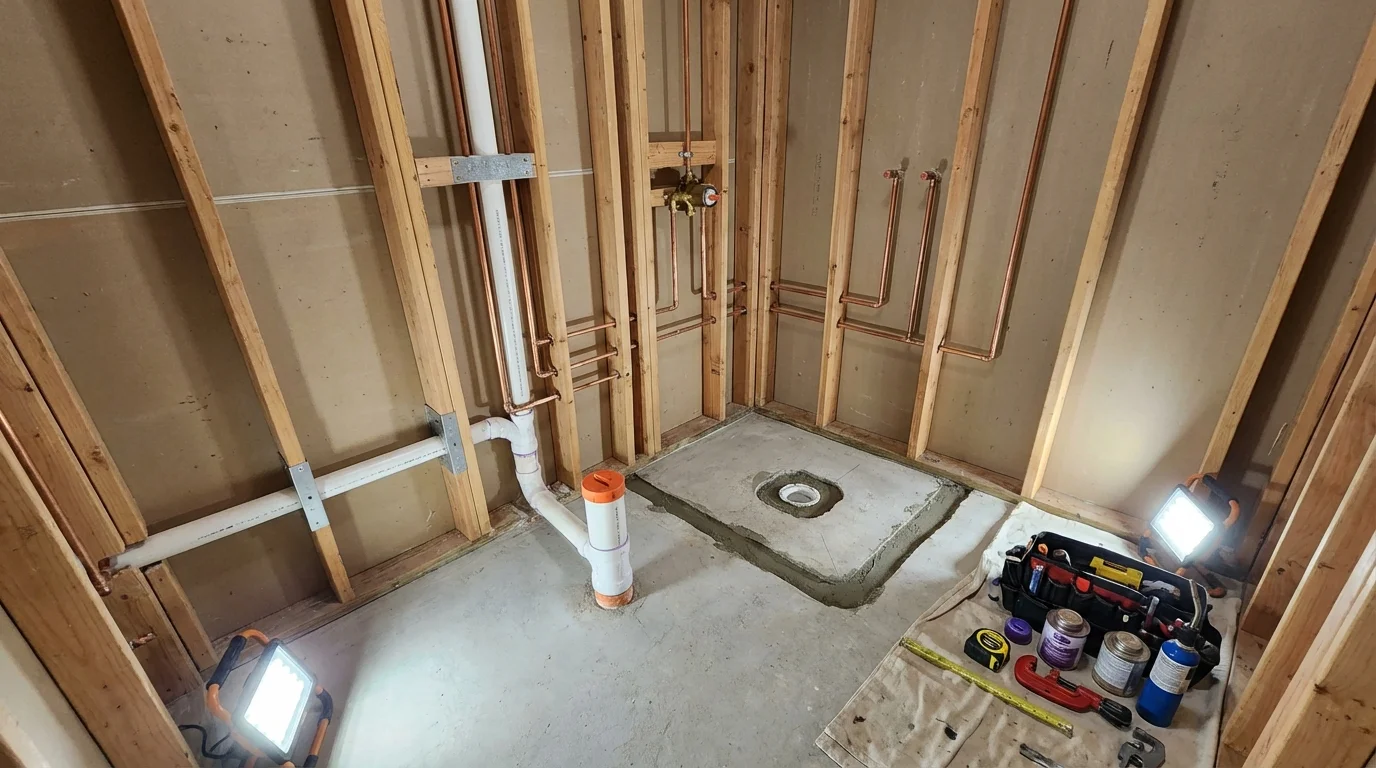 Bathroom rough-in plumbing during remodel by Johns Plumbing LLC in Hawkins