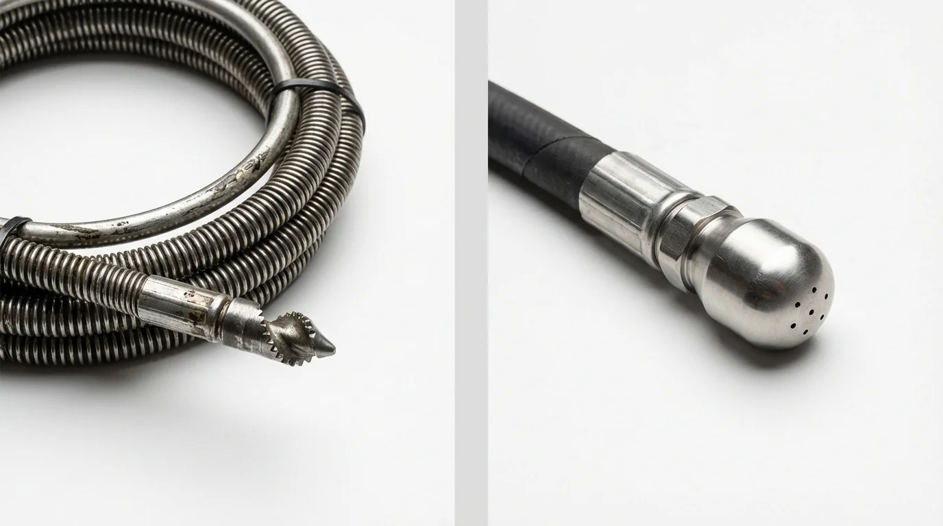 Drain snake cable and hydro jetting nozzle used for drain cleaning in Hawkins, TX
