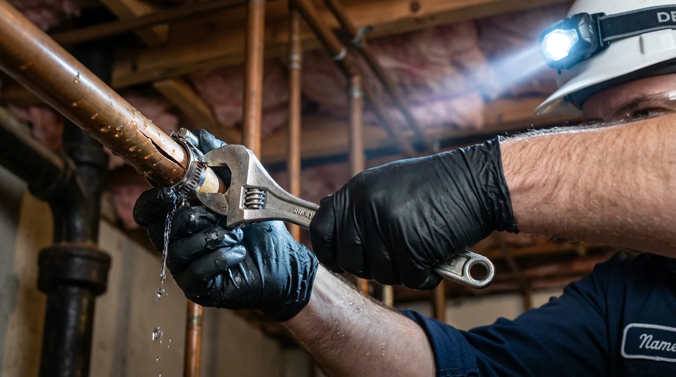 Emergency pipe clamp repair being performed by a Johns Plumbing LLC plumber in Hawkins