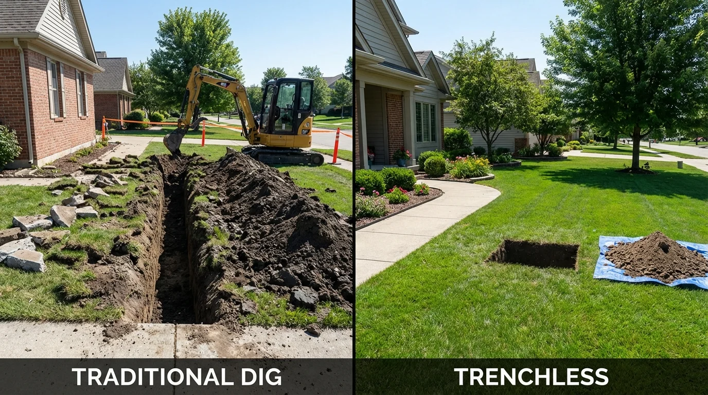 Trenchless sewer repair with minimal yard damage versus traditional excavation in Hawkins, TX