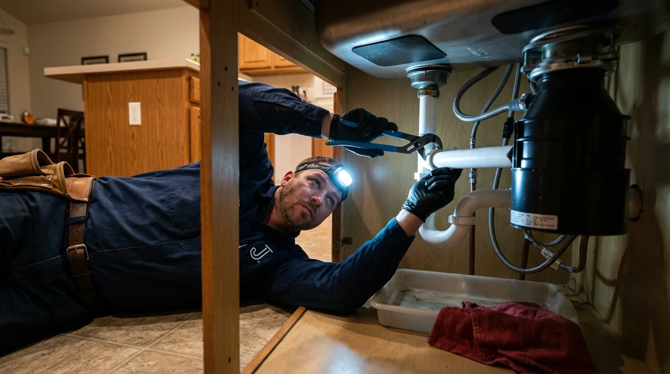 P-trap and supply line connections under a kitchen sink showing a common leak point in Hawkins, TX